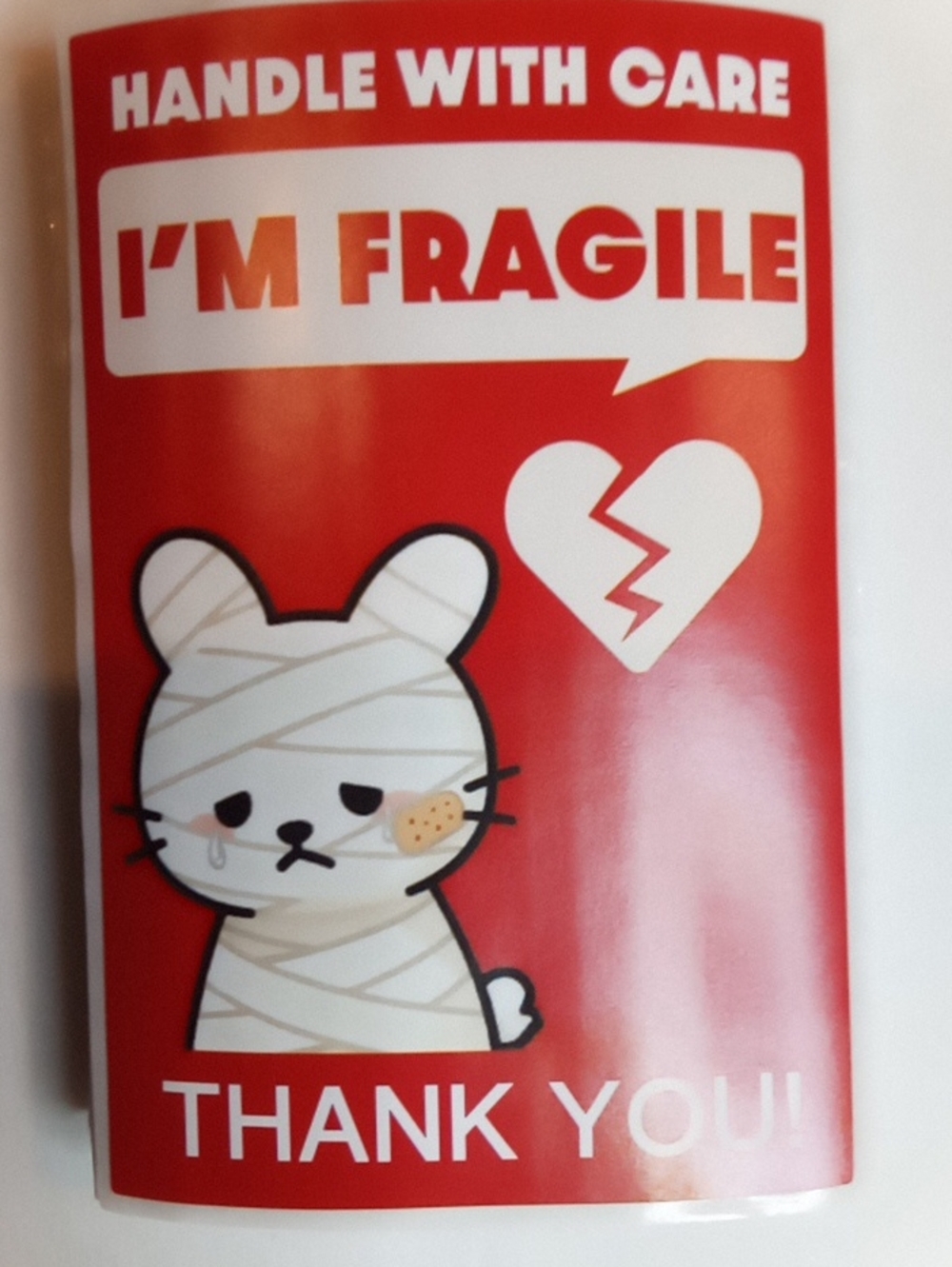 (50) Red "I'm Fragile" Cartoon Bandaged Cat Fragile Stickers